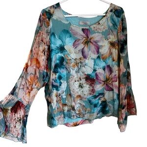 Angela Moda Blue Floral Blouse 100% Silk Size: Large Feminine Long Sleeve Top